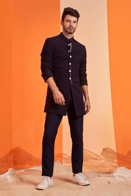S&N By Shantnu Nikhil Blue Lycra, Viscose, Poly Blend, Faux Leather Mandarin Collar Sherwani Online at Aza Fashions S&N By Shantnu Nikhil_Blue Lycra, Viscose, Poly Blend, Faux Leather Mandarin Collar Sherwani_Online_at_Aza_Fashions
