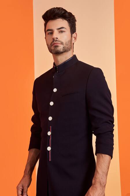Buy S&N By Shantnu Nikhil Blue Lycra, Viscose, Poly Blend, Faux Leather Mandarin Collar Sherwani Online at Aza Fashions Buy_S&N By Shantnu Nikhil_Blue Lycra, Viscose, Poly Blend, Faux Leather Mandarin Collar Sherwani_Online_at_Aza_Fashions
