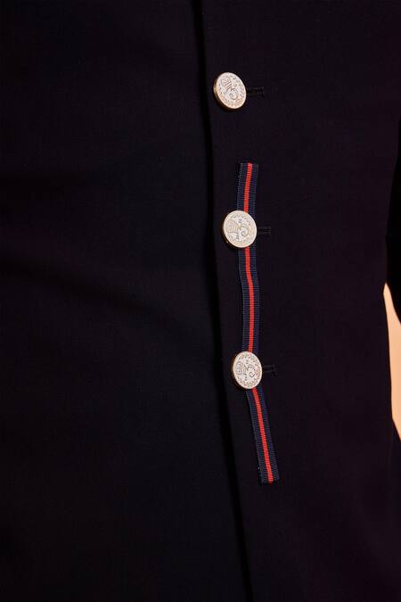 Shop S&N By Shantnu Nikhil Blue Lycra, Viscose, Poly Blend, Faux Leather Mandarin Collar Sherwani Online at Aza Fashions Shop_S&N By Shantnu Nikhil_Blue Lycra, Viscose, Poly Blend, Faux Leather Mandarin Collar Sherwani_Online_at_Aza_Fashions