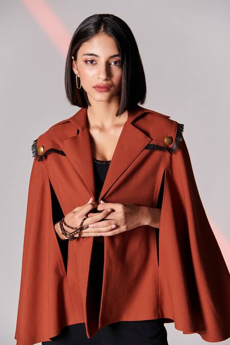 S&N By Shantnu Nikhil_Brown Viscose, Poly Blend, Spandex And Faux Leather Lapel Crest Embroidered Cape_Online_at_Aza_Fashions