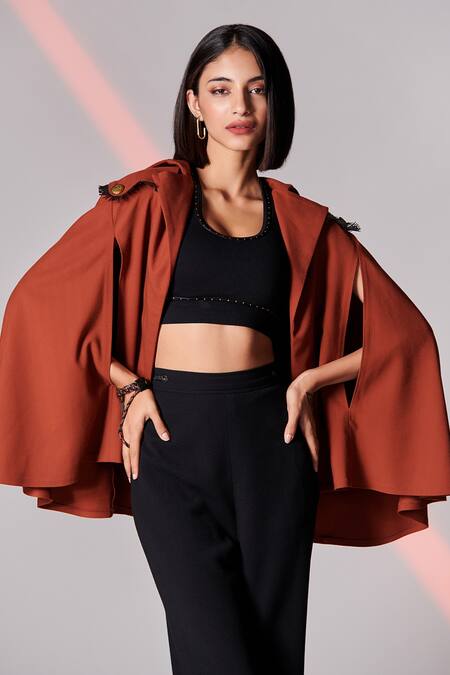 Buy_S&N By Shantnu Nikhil_Brown Viscose, Poly Blend, Spandex And Faux Leather Lapel Crest Embroidered Cape_Online_at_Aza_Fashions