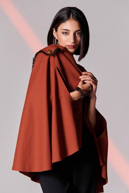 Shop_S&N By Shantnu Nikhil_Brown Viscose, Poly Blend, Spandex And Faux Leather Lapel Crest Embroidered Cape_Online_at_Aza_Fashions