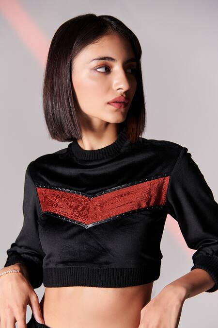 Shop_S&N By Shantnu Nikhil_Black Velvet, Jersey, Cotton And Blend Round Cropped Sweatshirt_Online_at_Aza_Fashions