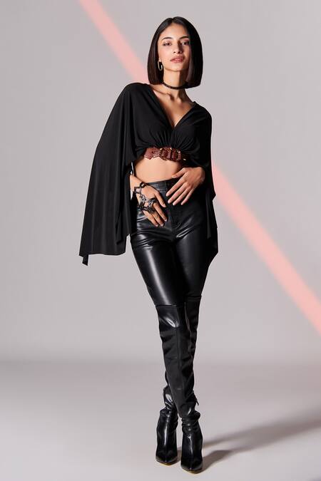 S&N By Shantnu Nikhil Black Poly Jersey, Faux Leather V Neck Draped Sleeve Crop Top