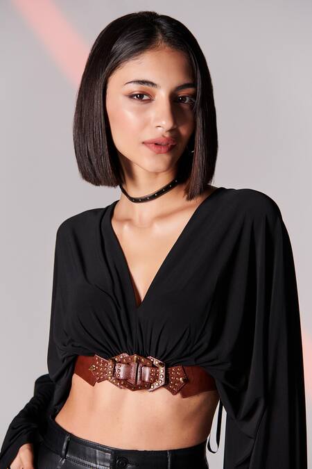 S&N By Shantnu Nikhil_Black Poly Jersey, Faux Leather V Neck Draped Sleeve Crop Top_Online_at_Aza_Fashions