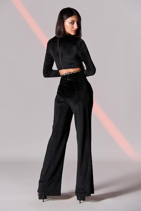 Velvet Tailored Pleated Trousers - Black | Manière De Voir USA