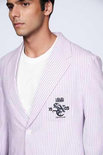 Shop_S&N By Shantnu Nikhil_Pink Seersucker Crest Striped Pattern Jacket_Online_at_Aza_Fashions
