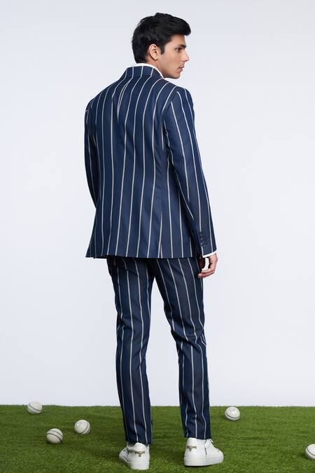 Shop_S&N by Shantnu Nikhil_Blue Suiting Fabric Crest Striped Pattern Jacket _at_Aza_Fashions