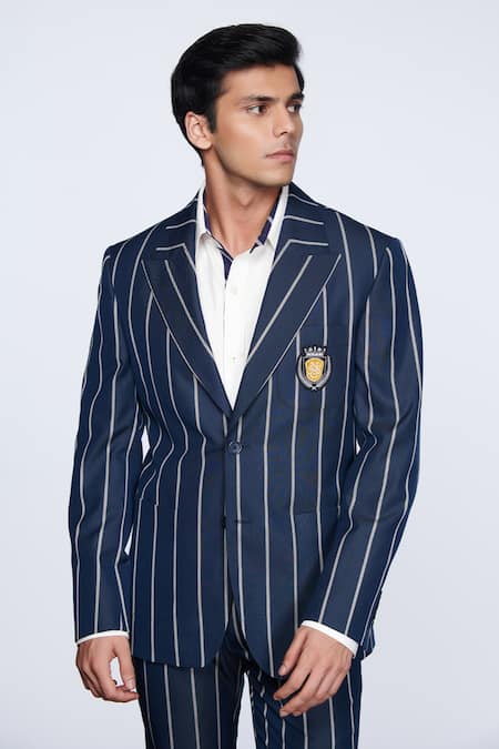 S&N by Shantnu Nikhil_Blue Suiting Fabric Crest Striped Pattern Jacket _Online_at_Aza_Fashions