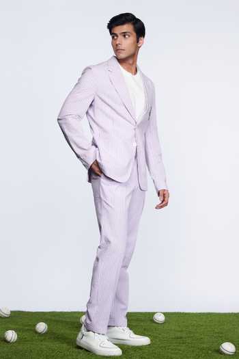S&N By Shantnu Nikhil_Pink Seersucker Crest Striped Pattern Jacket_Online_at_Aza_Fashions