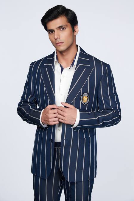 Buy_S&N by Shantnu Nikhil_Blue Suiting Fabric Crest Striped Pattern Jacket _Online_at_Aza_Fashions