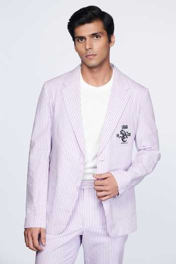 Buy_S&N By Shantnu Nikhil_Pink Seersucker Crest Striped Pattern Jacket_Online_at_Aza_Fashions
