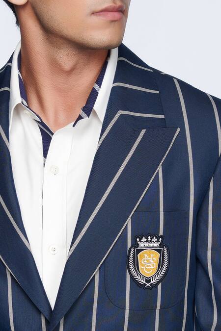 Shop_S&N by Shantnu Nikhil_Blue Suiting Fabric Crest Striped Pattern Jacket _Online_at_Aza_Fashions
