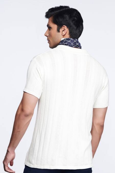 Shop S&N By Shantnu Nikhil Off White Knitted Fabric Crest Placement Embroidered Shirt at Aza Fashions Shop_S&N By Shantnu Nikhil_Off White Knitted Fabric Crest Placement Embroidered Shirt_at_Aza_Fashions