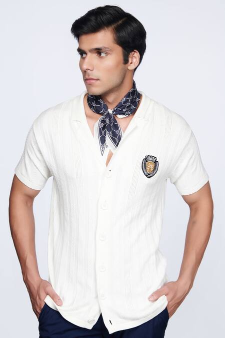 S&N By Shantnu Nikhil Off White Knitted Fabric Crest Placement Embroidered Shirt Online at Aza Fashions S&N By Shantnu Nikhil_Off White Knitted Fabric Crest Placement Embroidered Shirt_Online_at_Aza_Fashions