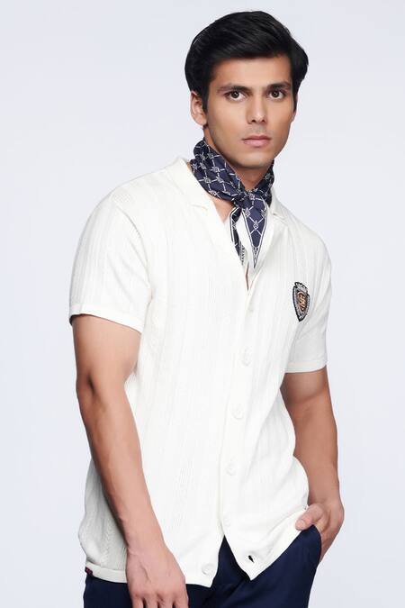 Shop S&N By Shantnu Nikhil Off White Knitted Fabric Crest Placement Embroidered Shirt Online at Aza Fashions Shop_S&N By Shantnu Nikhil_Off White Knitted Fabric Crest Placement Embroidered Shirt_Online_at_Aza_Fashions