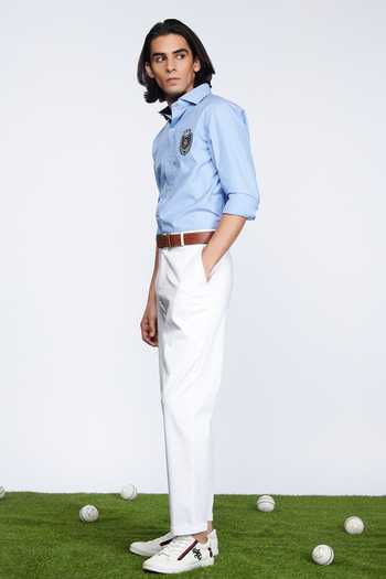 S&N By Shantnu Nikhil_Blue Lycra, Viscose, Terylene Crest Striped Pattern Shirt_Online_at_Aza_Fashions