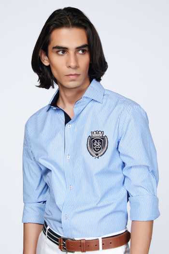 Buy_S&N By Shantnu Nikhil_Blue Lycra, Viscose, Terylene Crest Striped Pattern Shirt_Online_at_Aza_Fashions