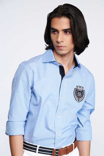 Shop_S&N By Shantnu Nikhil_Blue Lycra, Viscose, Terylene Crest Striped Pattern Shirt_Online_at_Aza_Fashions