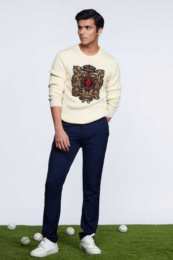 S&N By Shantnu Nikhil Off White Merino Wool Crest Handcrafted Sweater 1