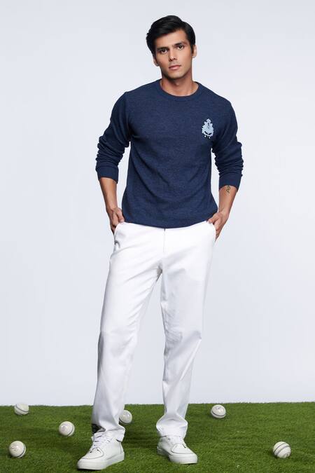 S&N by Shantnu Nikhil Blue Merino Wool Embellished Crest Placement Sweater 