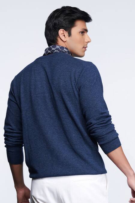 Shop_S&N By Shantnu Nikhil_Blue Merino Wool Crest Placement Embellished Sweater_at_Aza_Fashions