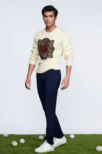 S&N By Shantnu Nikhil Off White Merino Wool Crest Handcrafted Sweater 3