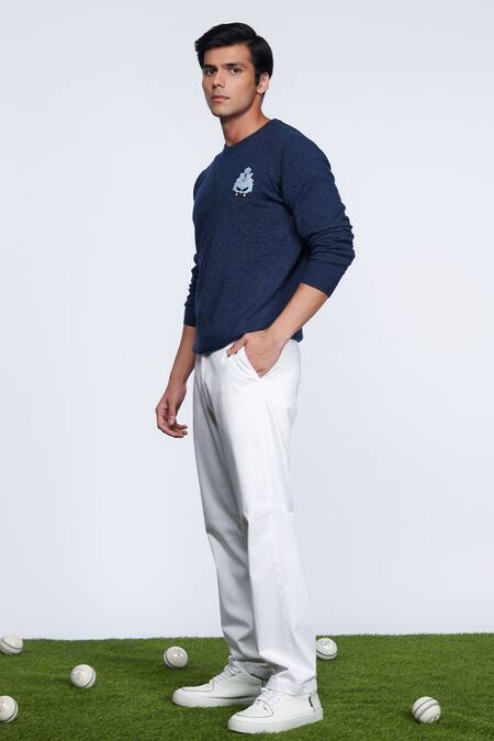 S&N By Shantnu Nikhil_Blue Merino Wool Crest Placement Embellished Sweater_Online_at_Aza_Fashions