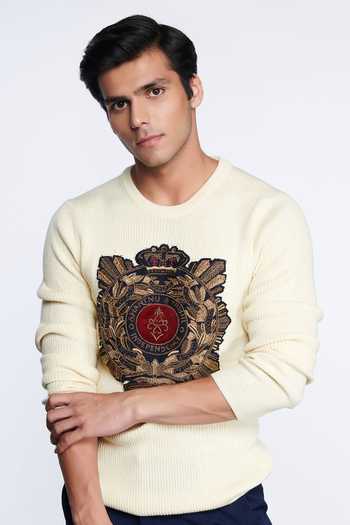 S&N By Shantnu Nikhil Off White Merino Wool Crest Handcrafted Sweater 4