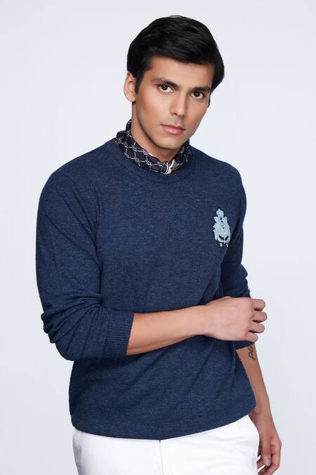 Buy_S&N By Shantnu Nikhil_Blue Merino Wool Crest Placement Embellished Sweater_Online_at_Aza_Fashions