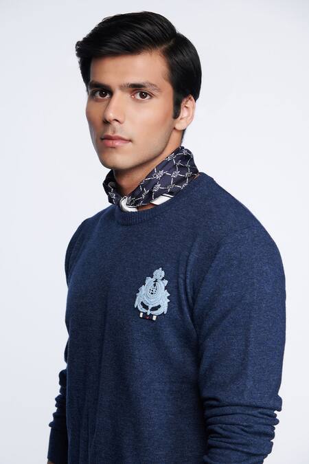 Shop_S&N By Shantnu Nikhil_Blue Merino Wool Crest Placement Embellished Sweater_Online_at_Aza_Fashions