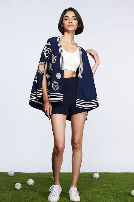 S&N by Shantnu Nikhil Blue Terylene Patch Logo Embellished Cape