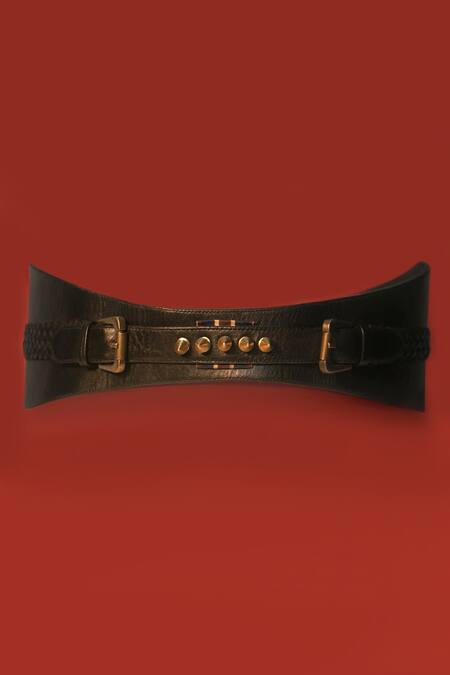 Shop_S & N By Shantnu Nikhil_Black Metallic Thread, Studs Unisex Combat Argyle Belt _at_Aza_Fashions