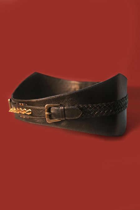 S & N By Shantnu Nikhil_Black Metallic Thread, Studs Unisex Combat Argyle Belt _Online_at_Aza_Fashions