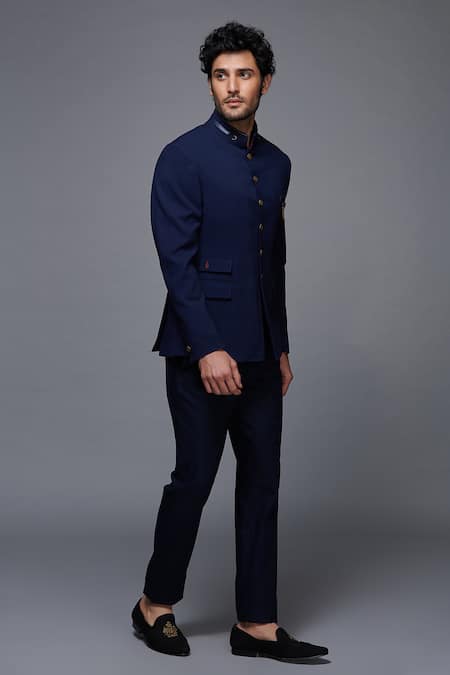 S&N By Shantnu Nikhil_Blue Wool, Viscose, Poly Blend Mandarin Collar Bandhgala_Online_at_Aza_Fashions