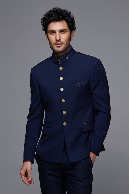 Buy_S&N By Shantnu Nikhil_Blue Wool, Viscose, Poly Blend Mandarin Collar Bandhgala_Online_at_Aza_Fashions
