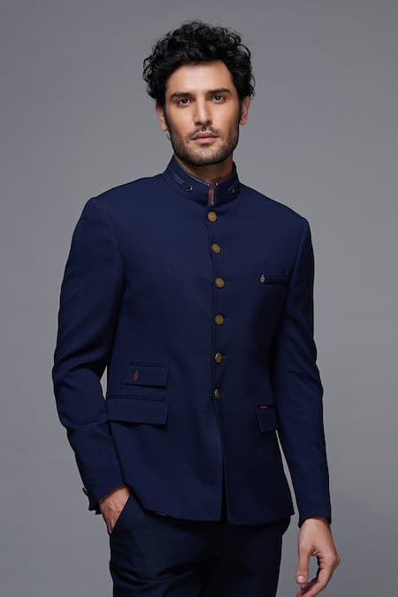 Shop_S&N By Shantnu Nikhil_Blue Wool, Viscose, Poly Blend Mandarin Collar Bandhgala_Online_at_Aza_Fashions