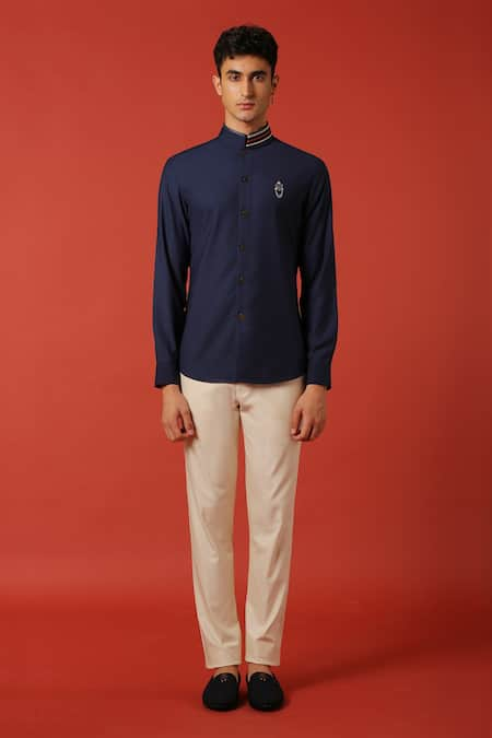 S&N by Shantnu Nikhil Blue Nylon Nehru Collar Shirt 