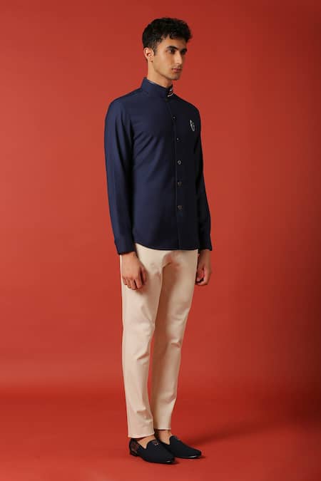 S&N By Shantnu Nikhil_Blue Lycra, Nylon Nehru Collar Shirt_Online_at_Aza_Fashions