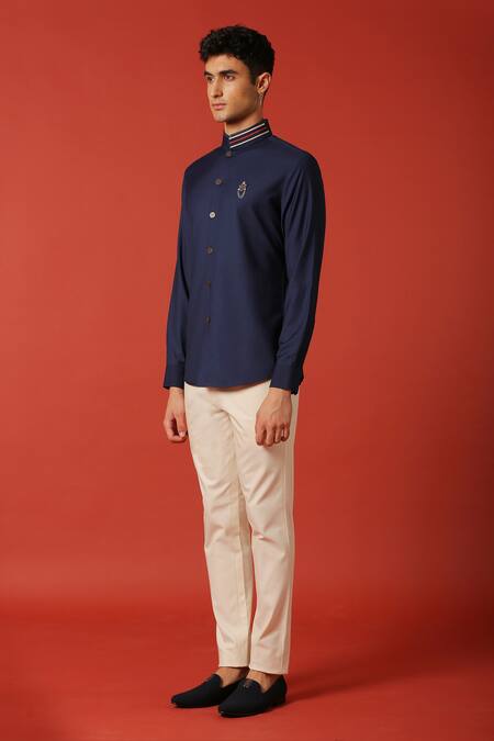 Buy_S&N By Shantnu Nikhil_Blue Lycra, Nylon Nehru Collar Shirt_Online_at_Aza_Fashions