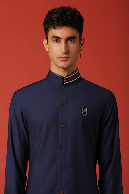Shop_S&N By Shantnu Nikhil_Blue Lycra, Nylon Nehru Collar Shirt_Online_at_Aza_Fashions