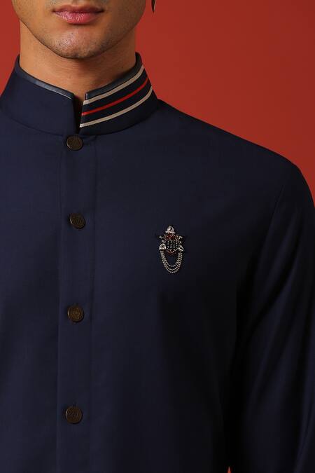 S&N By Shantnu Nikhil_Blue Lycra, Nylon Nehru Collar Shirt_at_Aza_Fashions