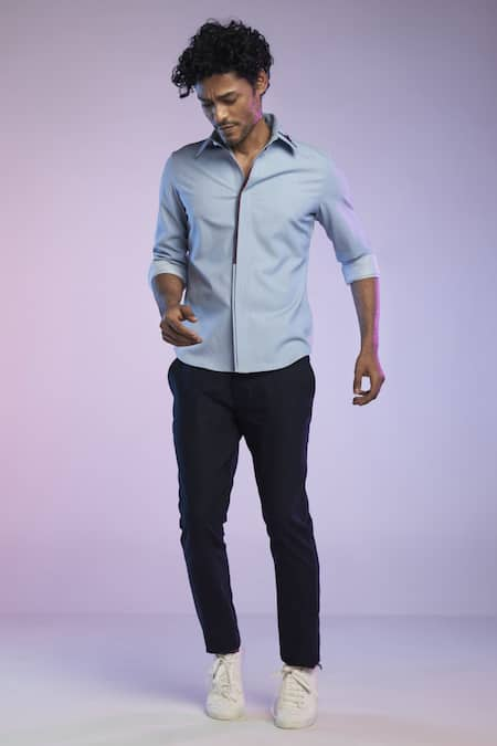 S&N by Shantnu Nikhil Blue Cotton Plain Straight Legged Trouser 