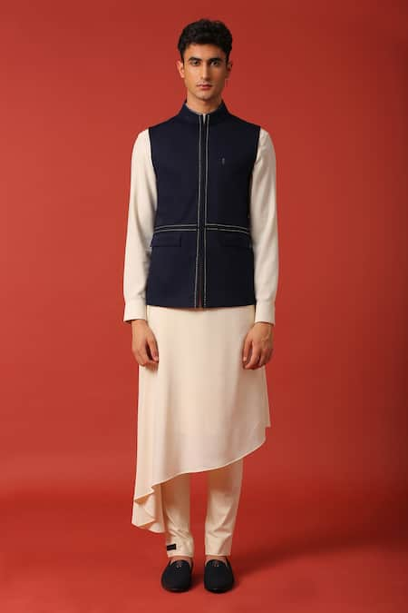 S&N by Shantnu Nikhil Blue Nylon Plain Sleeveless Waistcoat 