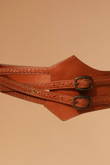 S&N By Shantnu Nikhil_Brown Buckles, Cut Work Dual Strap Belt_Online_at_Aza_Fashions
