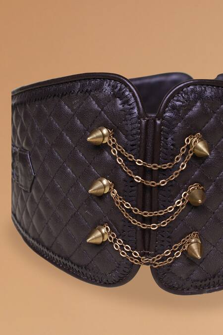 S&N By Shantnu Nikhil_Brown Chains, Studs Handcrafted Quilted Corset Leather Belt_Online_at_Aza_Fashions
