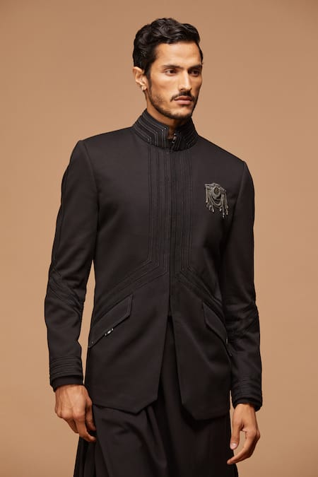 S&N By Shantnu Nikhil_Black Cotton Textured Bandhgala_Online_at_Aza_Fashions
