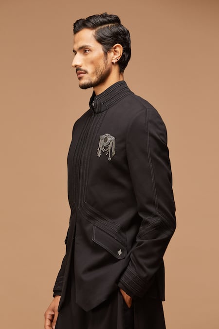 Shop_S&N By Shantnu Nikhil_Black Cotton Textured Bandhgala_Online_at_Aza_Fashions