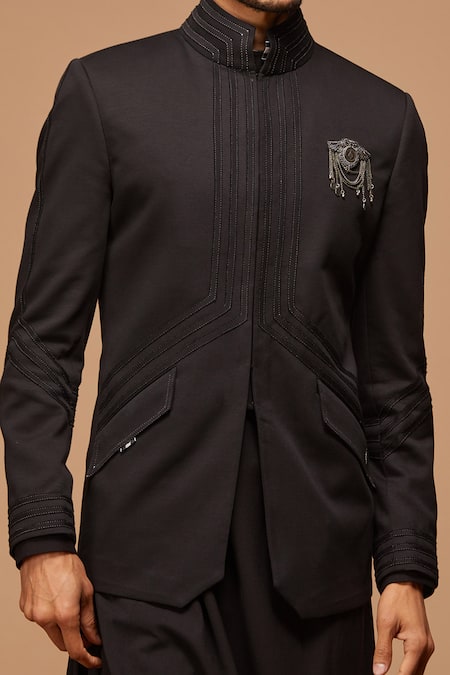 S&N By Shantnu Nikhil_Black Cotton Textured Bandhgala_at_Aza_Fashions