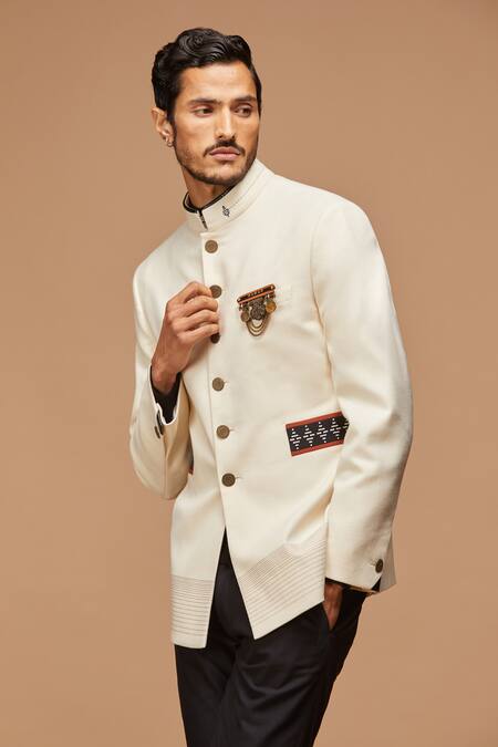 S&N By Shantnu Nikhil_White Wool, Viscose, Poly Blend Embroidered Bandhgala_Online_at_Aza_Fashions